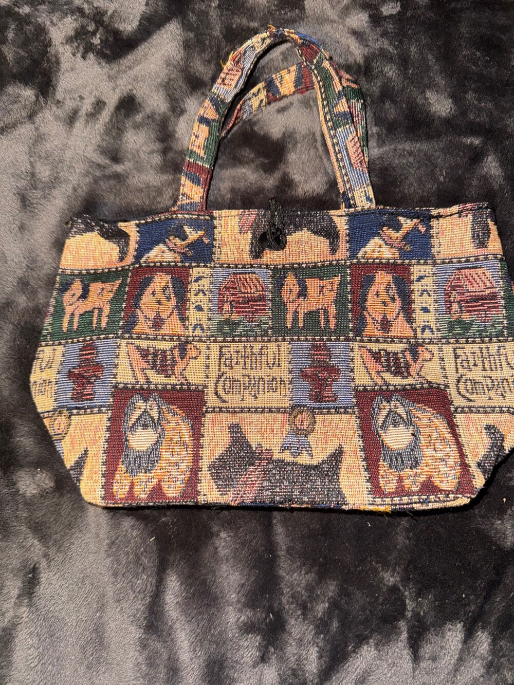 Vintage Tapestry Tote Bag Dog Pattern Faithful Companion 13 Inch Width Black Lin